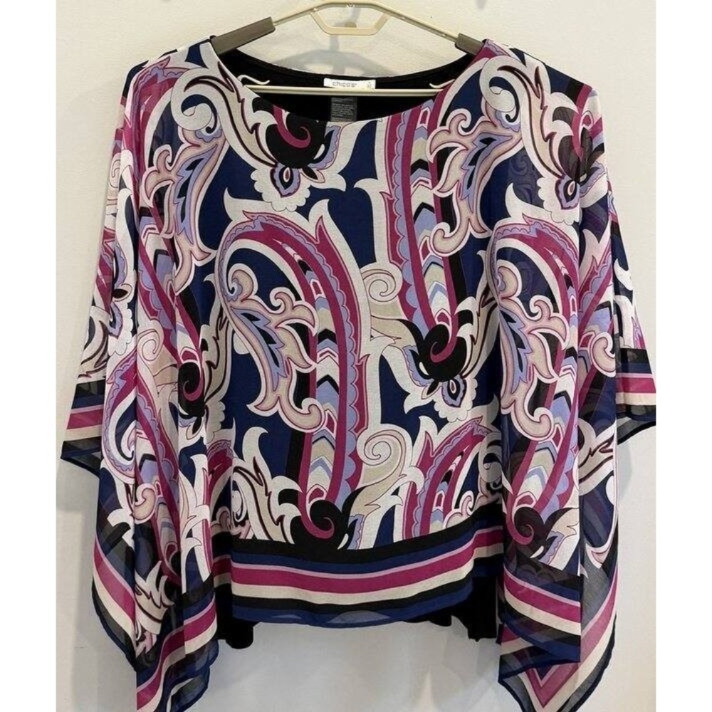 Chicos Sheer Abstract Print Overlay Top‎ Black Slinky Tank Stretch Size 4 XXL